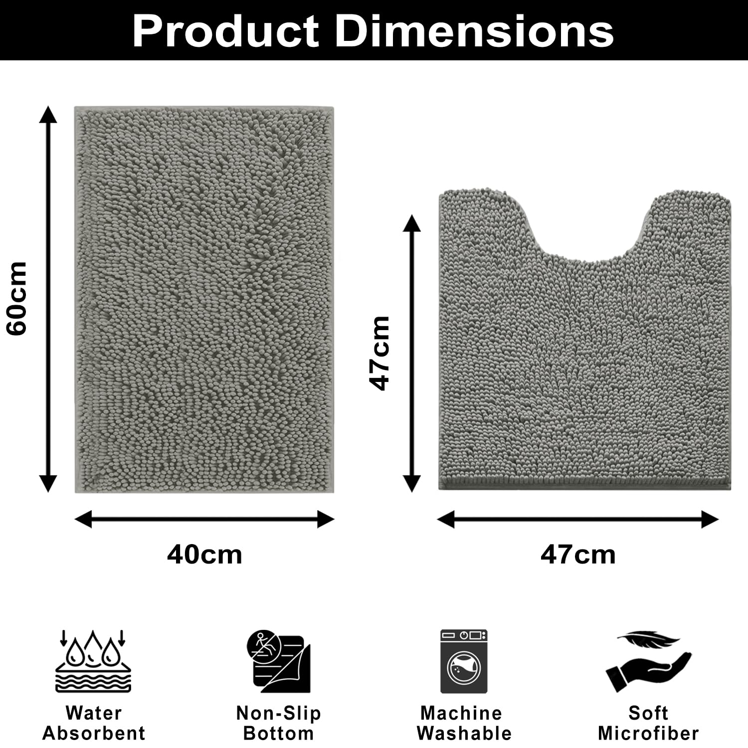 Microfibre Chenille Contour Bath Mat Set  Pack of 2 (Grey 40x60cm & 47x47cm)