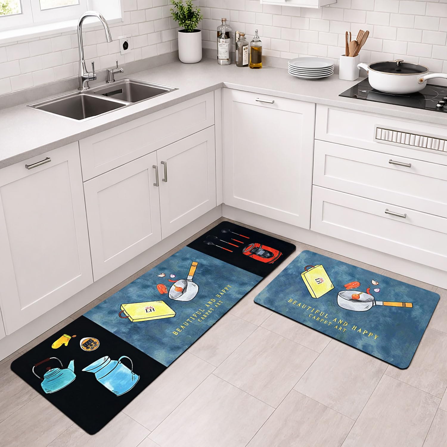 Kitchen Mat Combo  (116x36 & 58x36 cm,Blue)