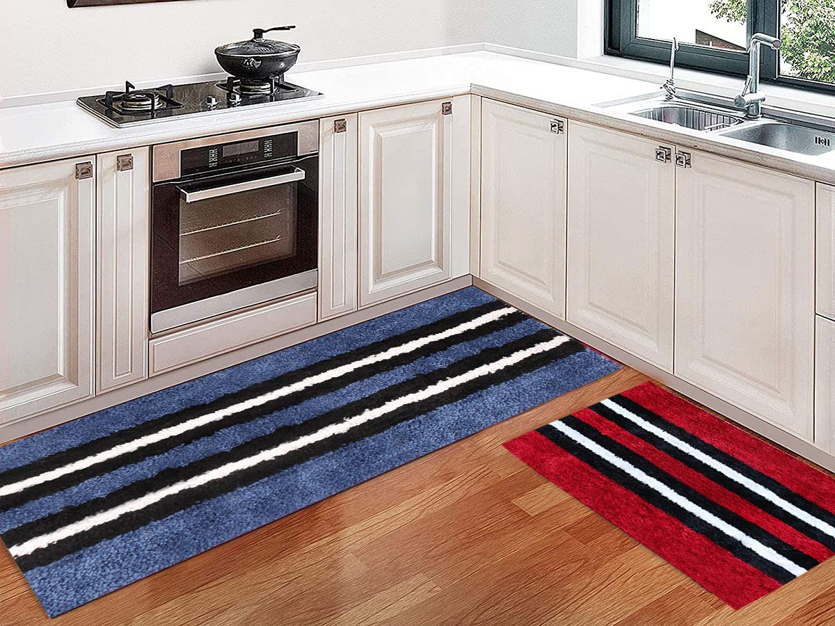 Stripe Rugs Runner for Bathroom 1600 GSM Microfiber Pack of 2 (58X140 + 38x58 cm, Blue + Maroon)