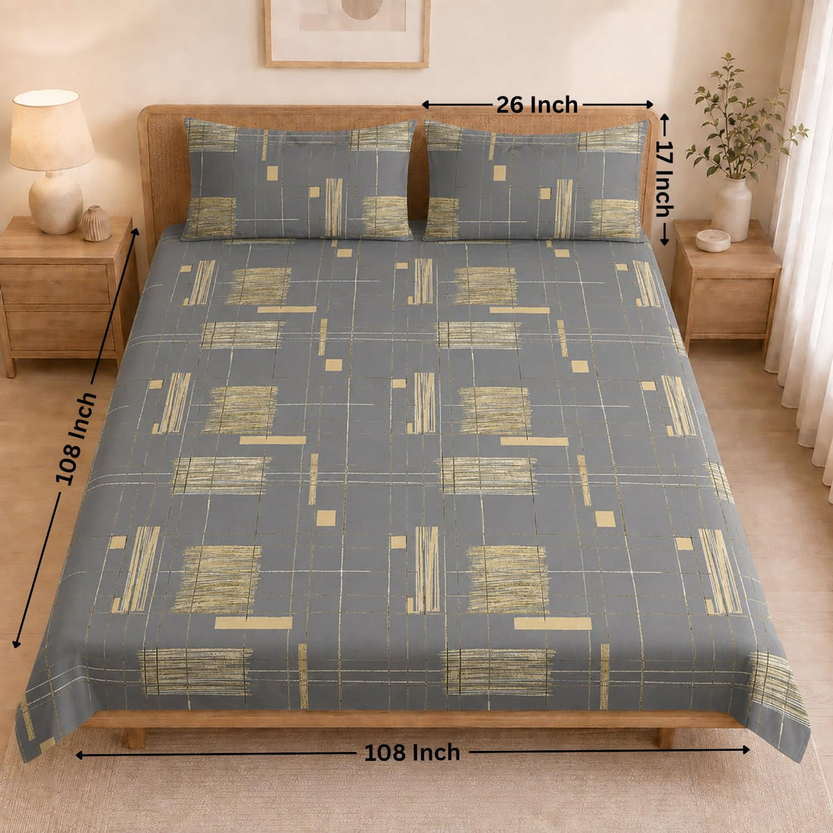 Double Bedsheet with 2 Pillow Covers Premium 240 TC 100% Cotton Feel King Size (108x108 inch ,  Grey )