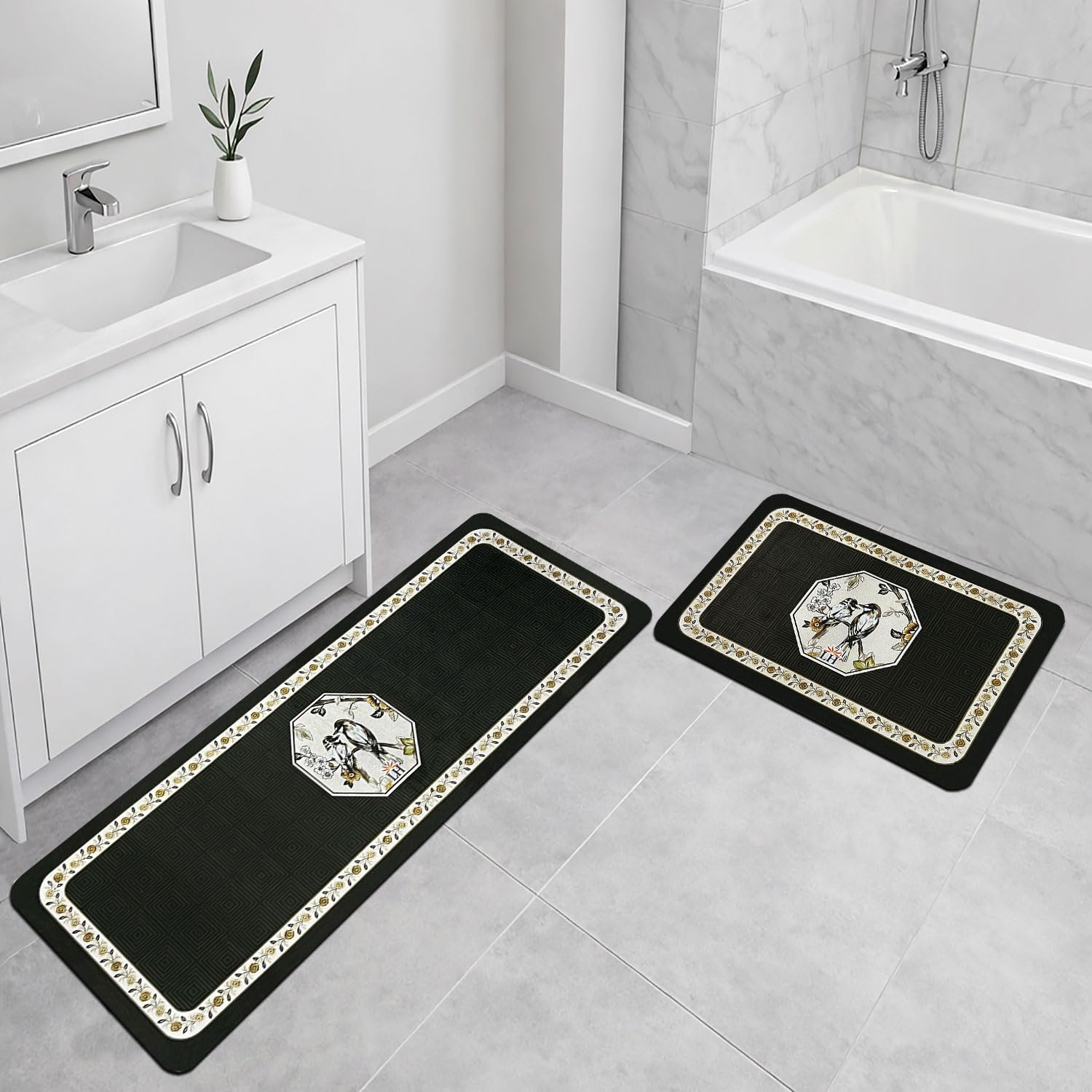 Kitchen Mat Combo Birds Design (116x36 & 58x36 cm White)
