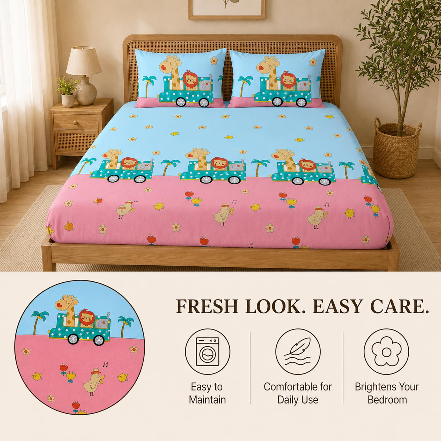 Queen Size Double Bedsheet With 2 Pillow Covers Triangles Pattern ( 90x90 Inch Grey )