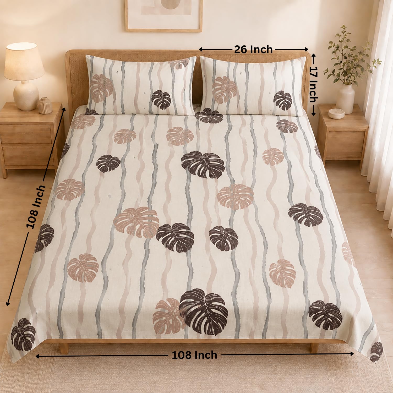 King Size Double Bedsheet with 2 Pillow Covers Premium Tropical Leaf Printed 108x108 inch