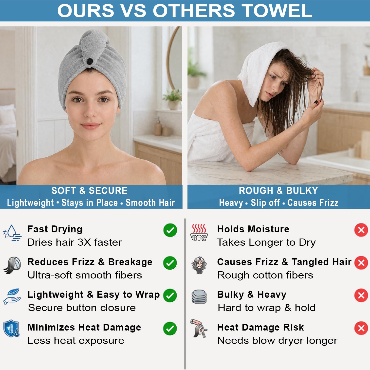 Microfibre Hair Towel Wrap for Women and Men ( 23x63.5 cm, Silver ) Pack Of 2