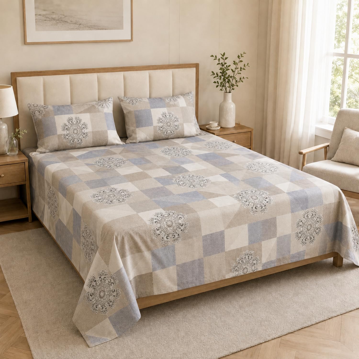 Double Bedsheet with 2 Pillow Covers 220 TC 100% Cotton Feel ( King Size Grey 90x100 inch )