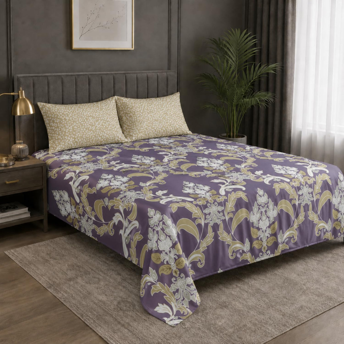 Double Bedsheet with 2 Pillow Covers 220 TC 100% Cotton Feel ( King Size Purple 90x100inch )