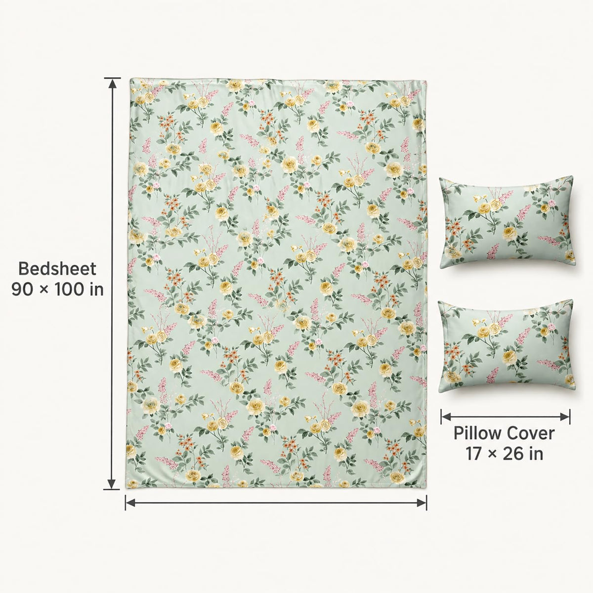 King Size Double Bedsheet with 2 Pillow Covers Premium Mint Rose Garden Printed  90 x 100 inch