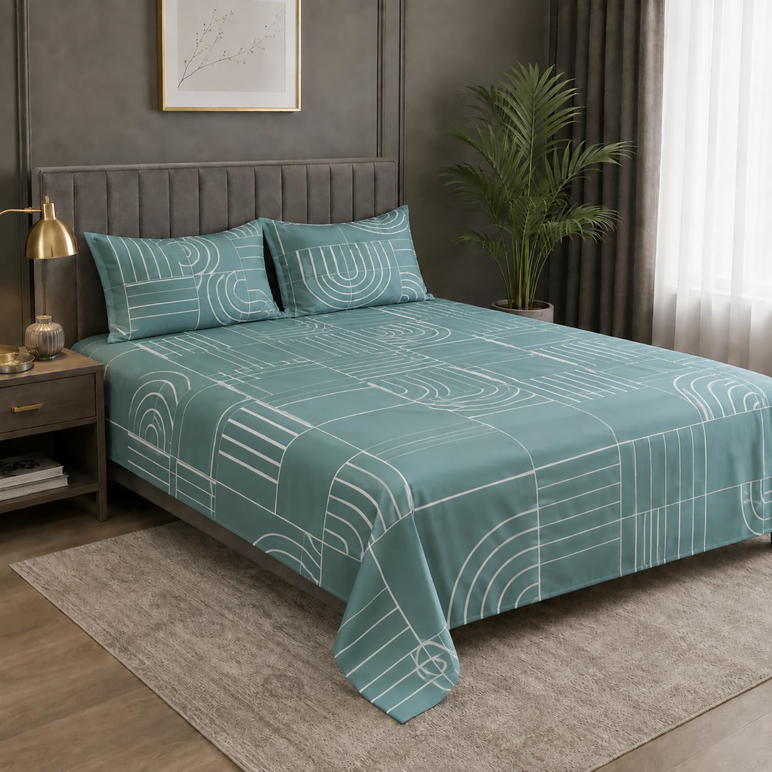 Double Bedsheet with 2 Pillow Covers Premium 240 TC 100% Cotton Feel ( King Size Teal 108x108inch )