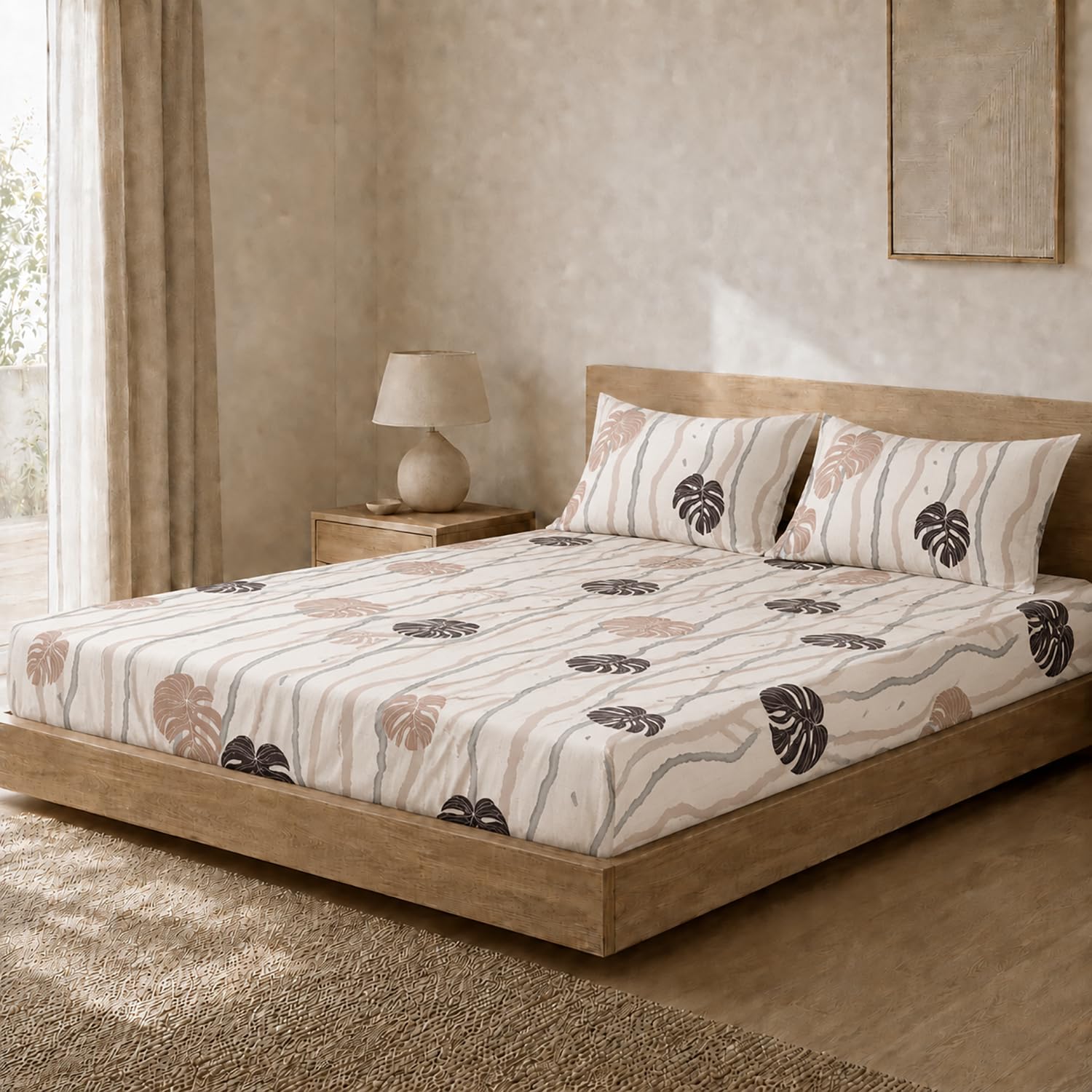 King Size Double Bedsheet with 2 Pillow Covers Premium Tropical Leaf Printed 108x108 inch