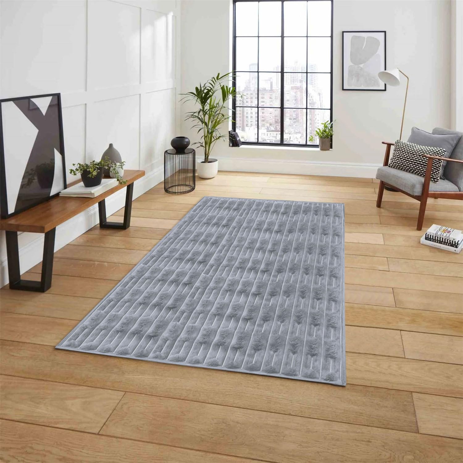 Rabbit Tail Fur Carpet (3x5 Feet, Silver)