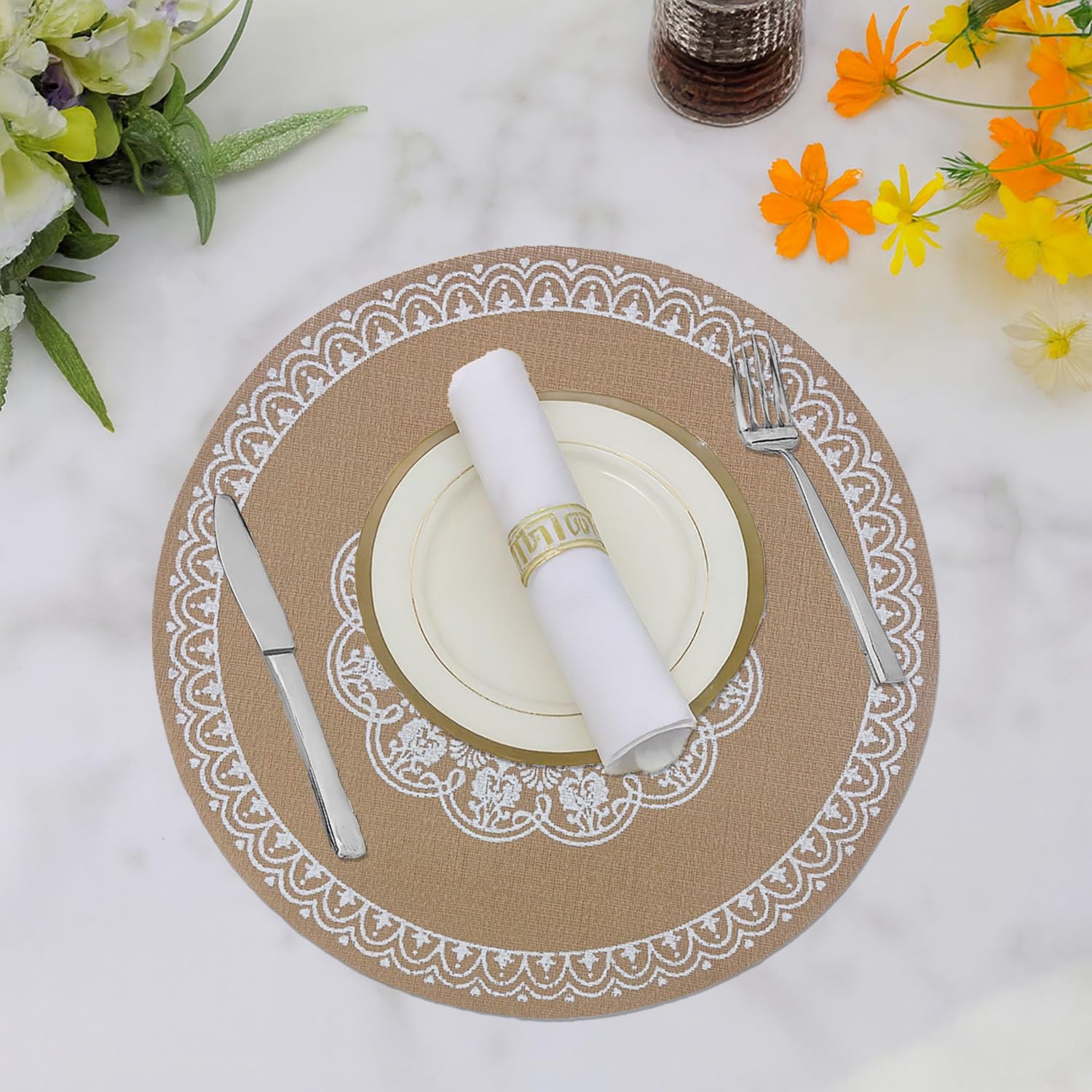 Round Table Placemats for Dining Table Set of 6(Beige)
