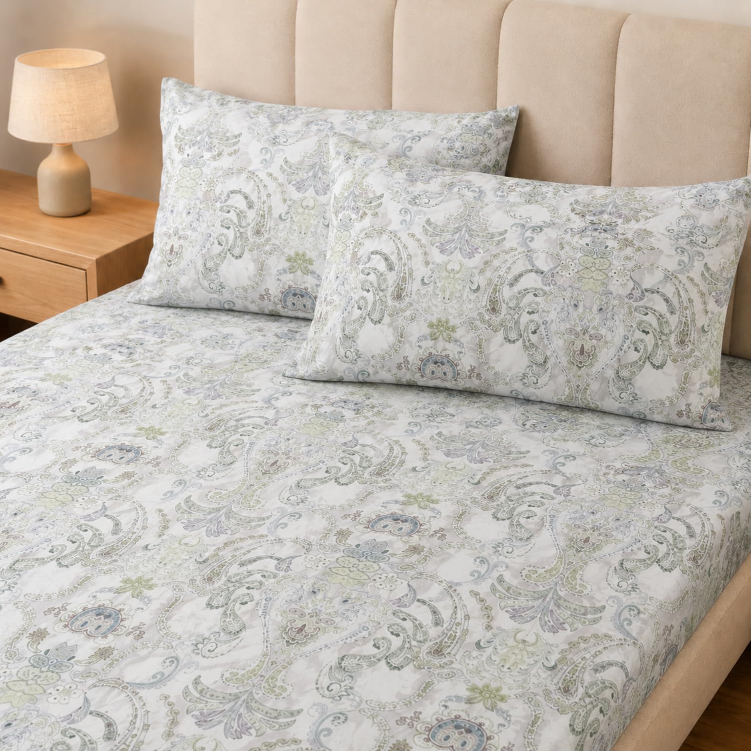 Double Bedsheet with 2 Pillow Covers 220 TC 100% Cotton Feel ( King Size Sage Green 90 x 100 inch )