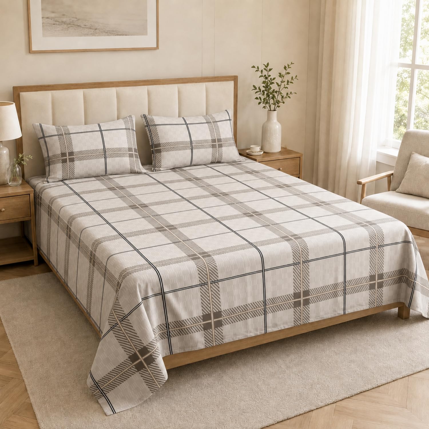 King Size Double Bedsheet with 2 Pillow Covers Premium Classic Plaid Printed Grey 90x100 inch