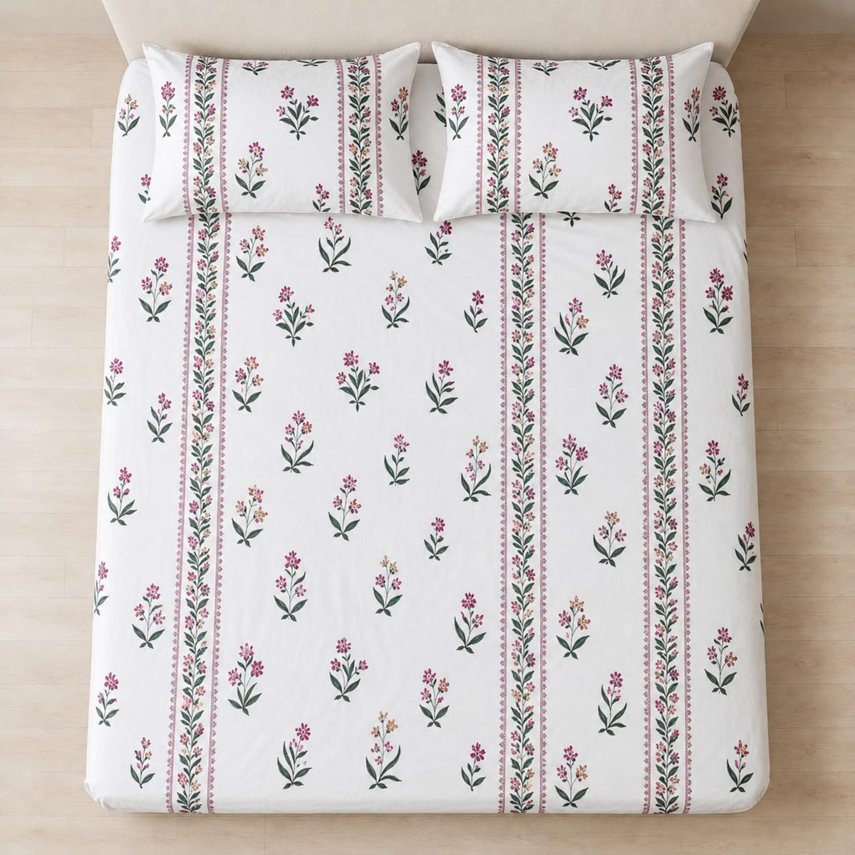 King Size Double Bedsheet with 2 Pillow Covers Premium Petite Blossom Trail Printed 90x100inch