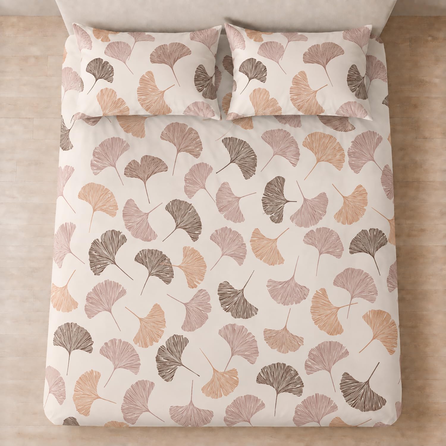 King Size Double Bedsheet with 2 Pillow Covers Premium Blush Ginkgo Leaves Printed 90x100inch