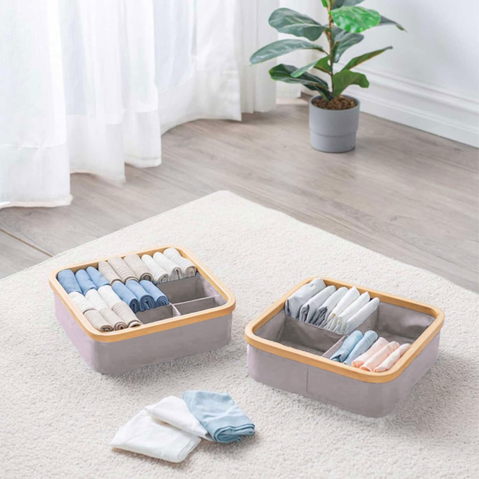 Bamboo Frame Fabric Drawer Organisers for Clothes (30x30 cm, Grey)