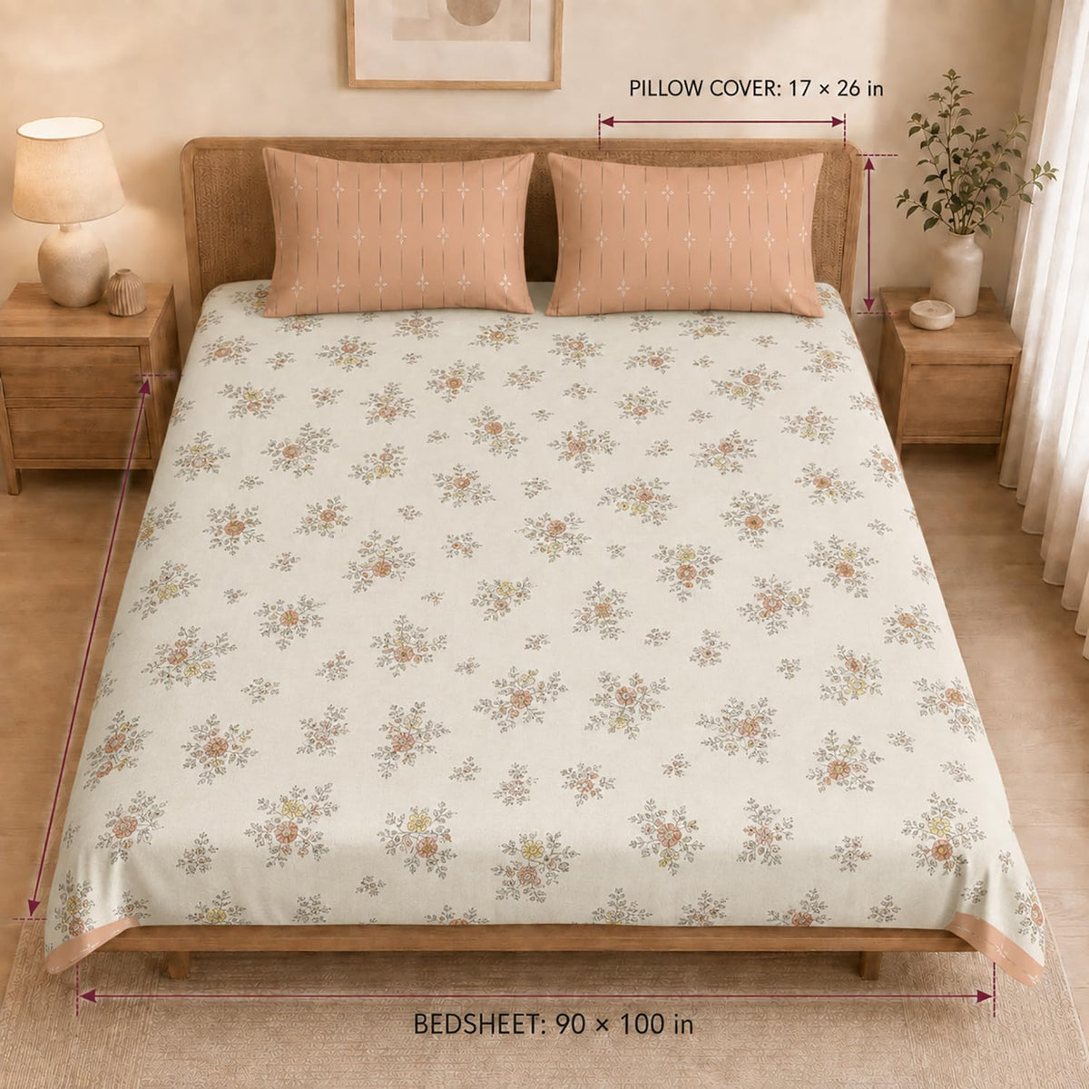 Double Bedsheet with 2 Pillow Covers 220 TC 100% Cotton Feel ( Cream , 90x100inch )