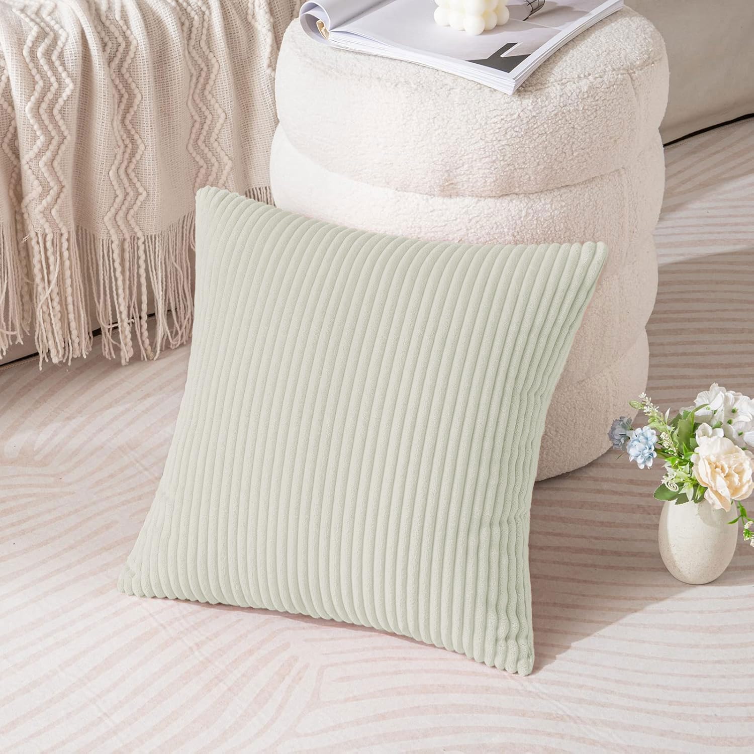 Corduroy Cushion Cover Super Soft (16x16 Inch, Cream)