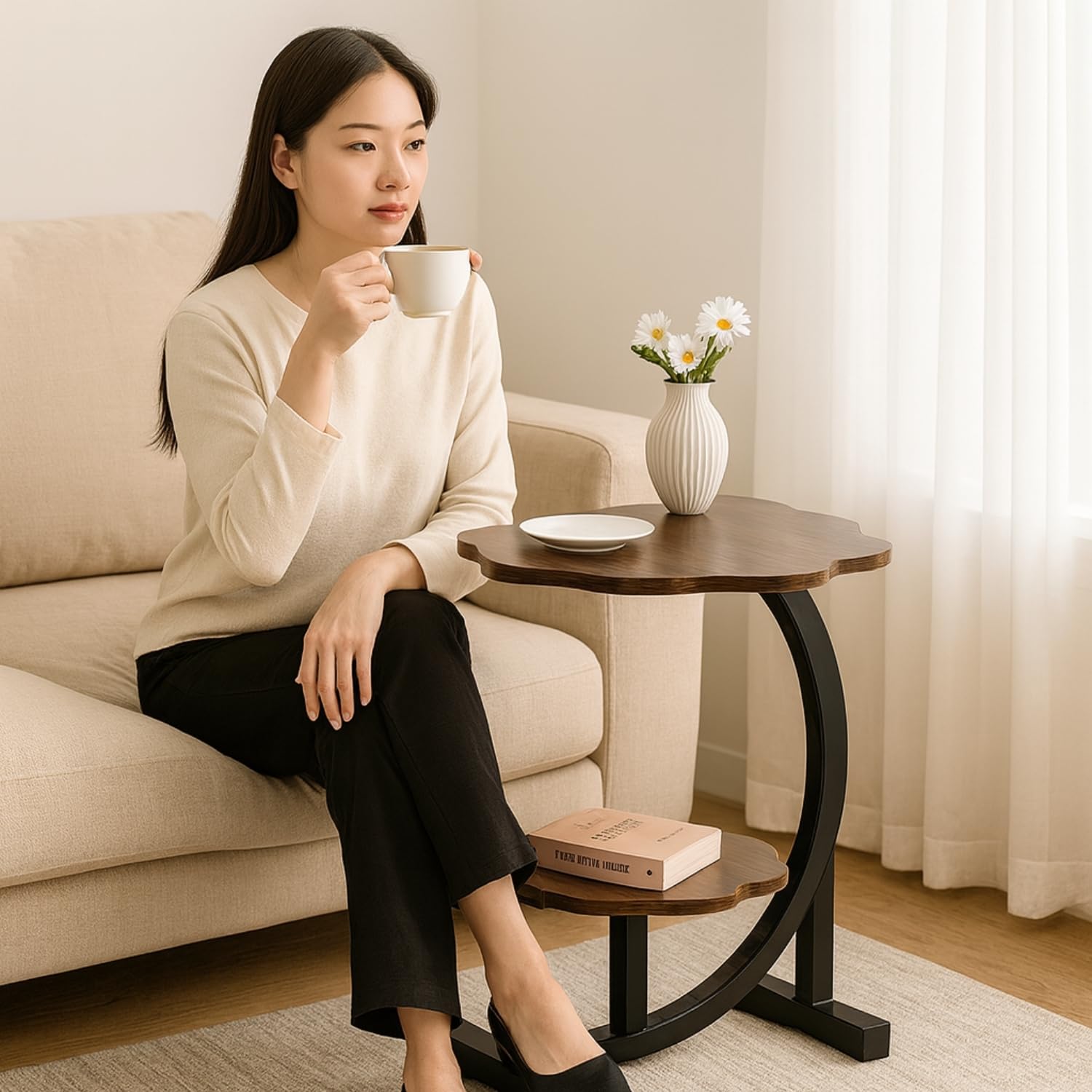 Multi-Purpose Side Table 2-Tier for Living Room, Bedroom & Office – Wooden Top End Table with Storage Shelf, Modern Corner Piece, Black Metal Frame (40x40x65 cm)