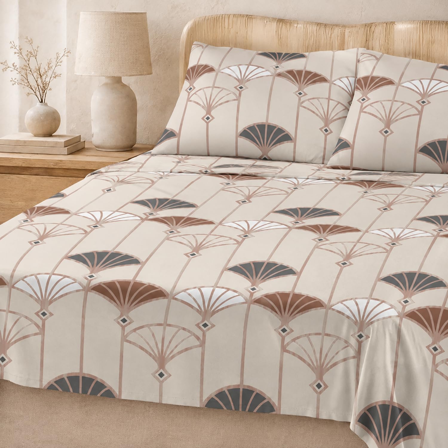 Double Bedsheet with 2 Pillow Covers Premium 240 TC 100% Cotton Feel ( King Size Beige & Brown 108x108 inch )