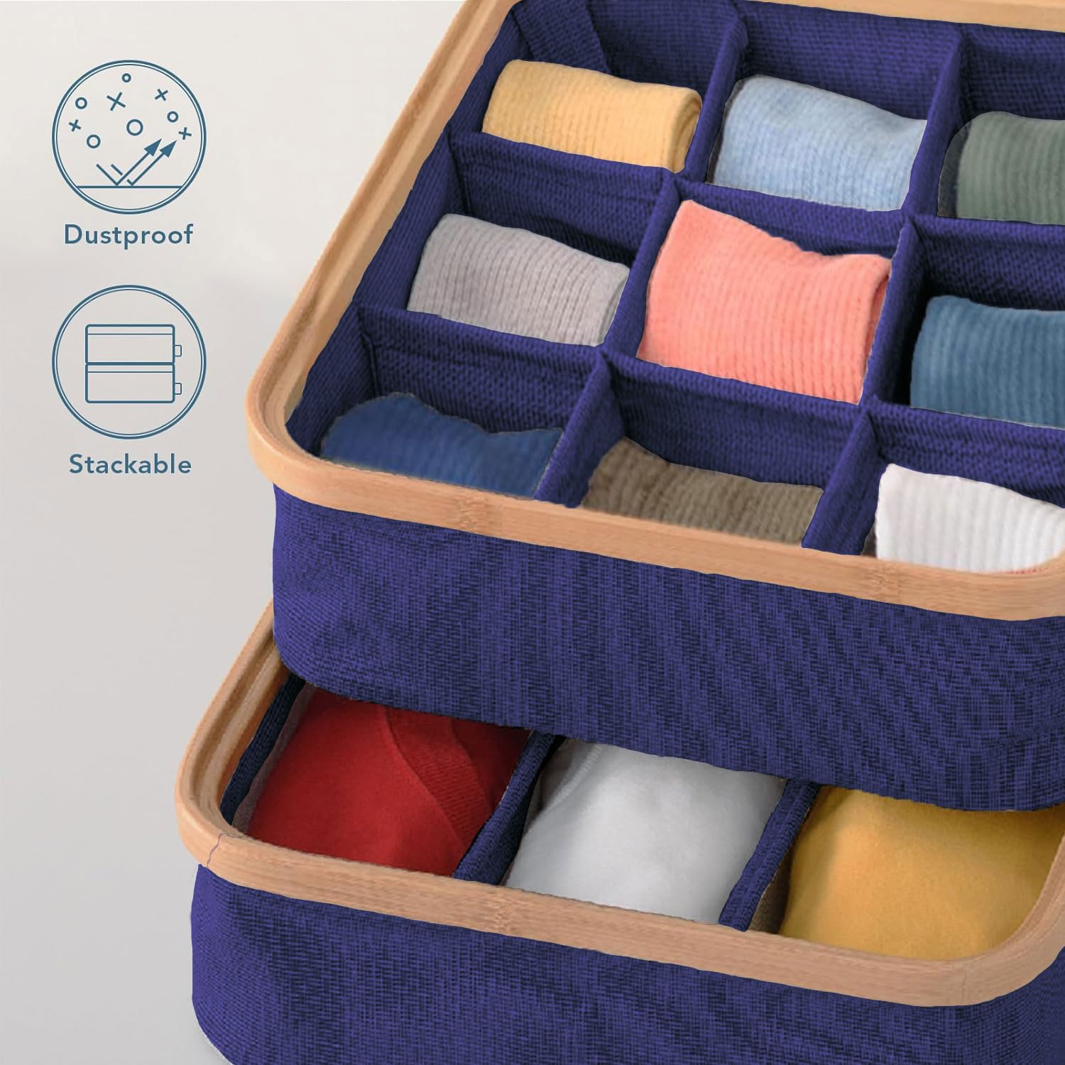 Bamboo Frame Clothes Drawer Organisers with 9 Sections (30x30 cm, Navy Blue)