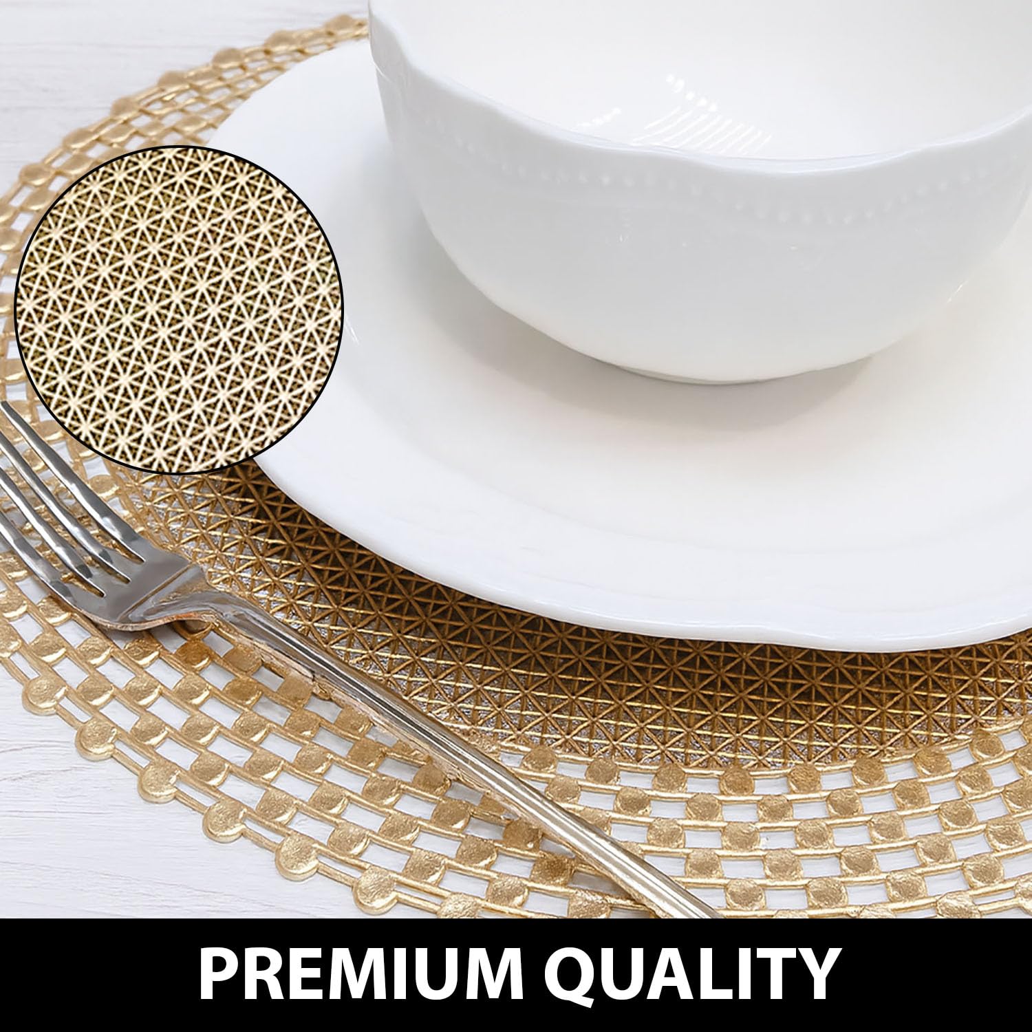 LUXE HOME INTERNATIONAL PVC Vinyl Metallic Table Round Placemats for Dining Table Gold, Heat Resistant & Waterproof | Easy to Clean Decorative Dining Mats - (Set of 4) ST085TJ-3MJ