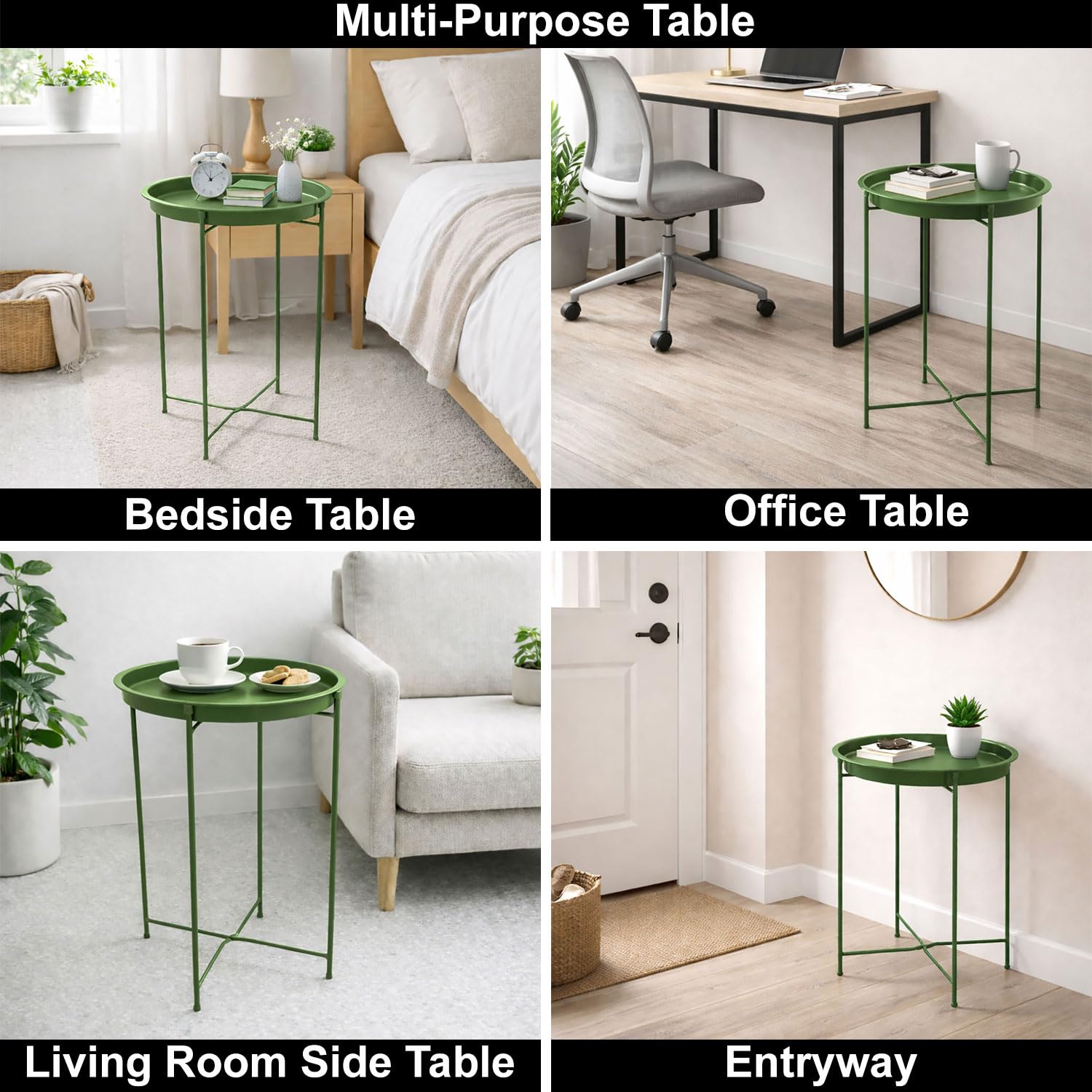 Round Metal Side Table for Living Room & Bedroom – Modern Bedside Table, Coffee Table, Corner Table with Sturdy Iron Frame, Green, 33x33x48-Small