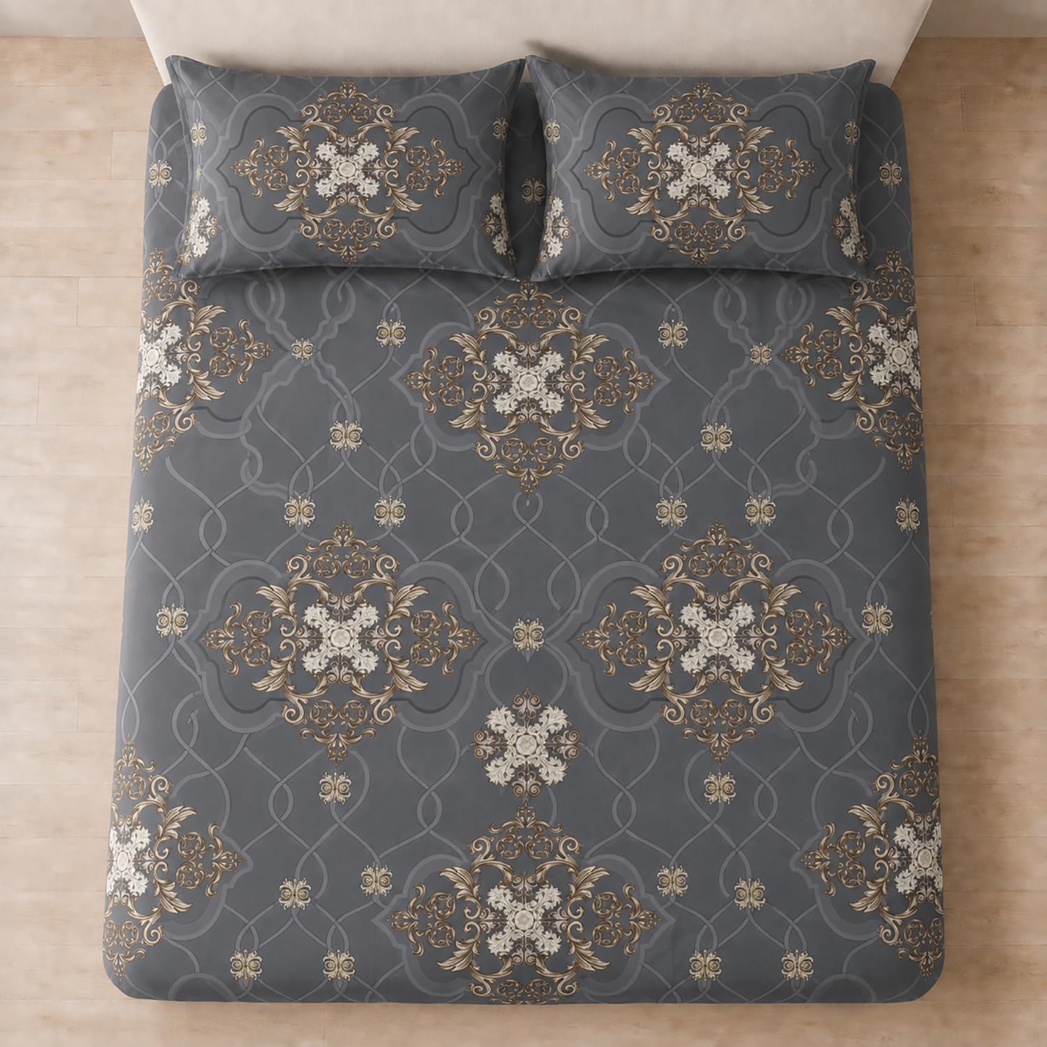 Double Bedsheet with 2 Pillow Covers 220 TC 100% Cotton Feel ( Charcoal , 90x100inch )