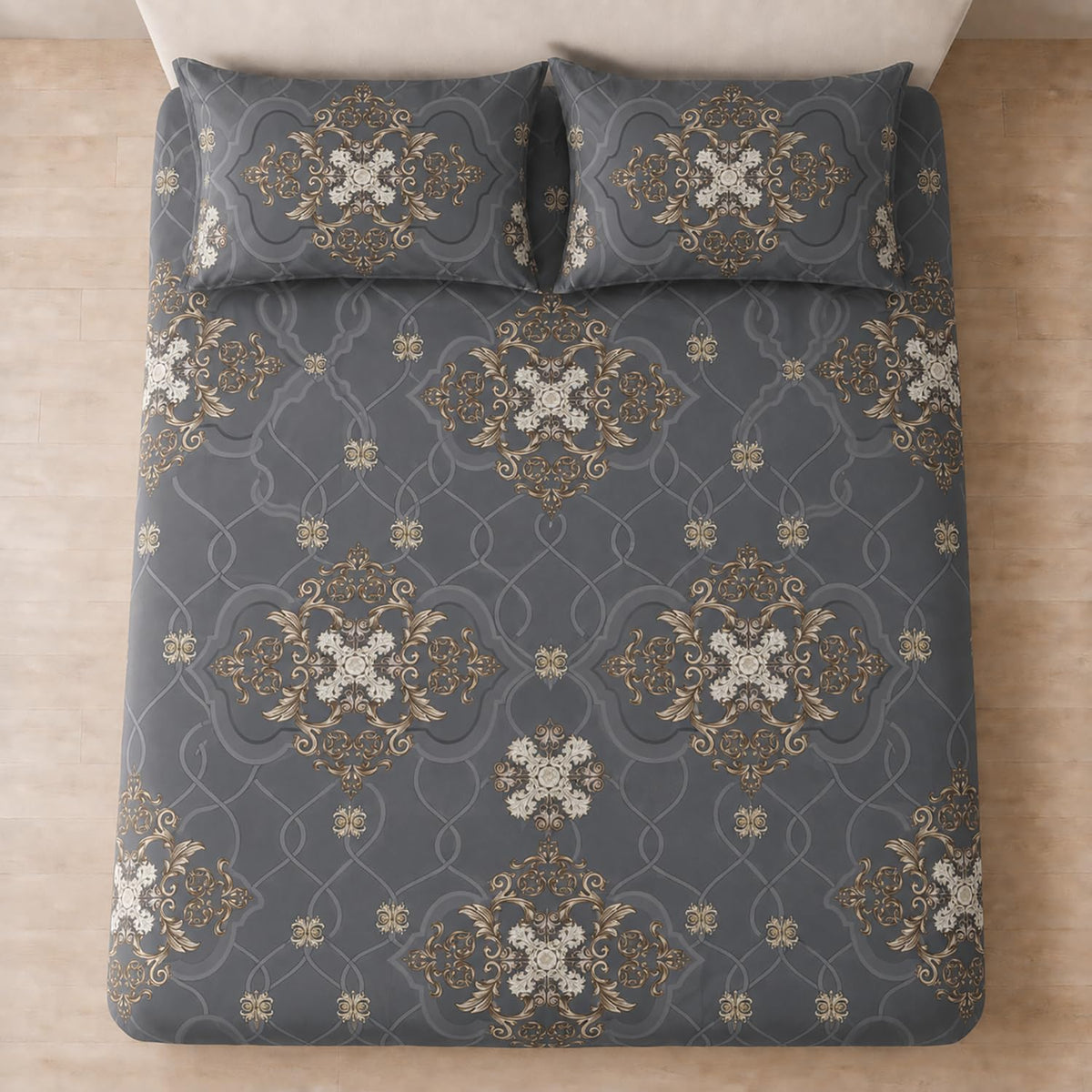 Double Bedsheet with 2 Pillow Covers 220 TC 100% Cotton Feel ( Charcoal , 90x100inch )