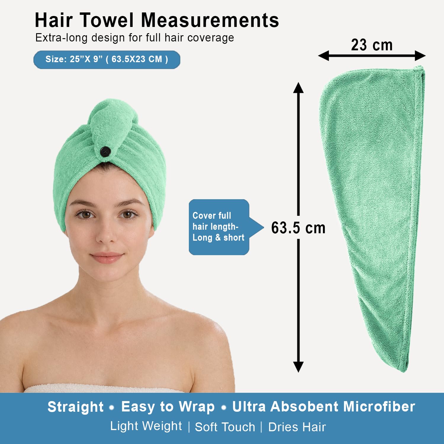 Microfibre Hair Towel Wrap for Women and Men ( 23x63.5 cm, Green )