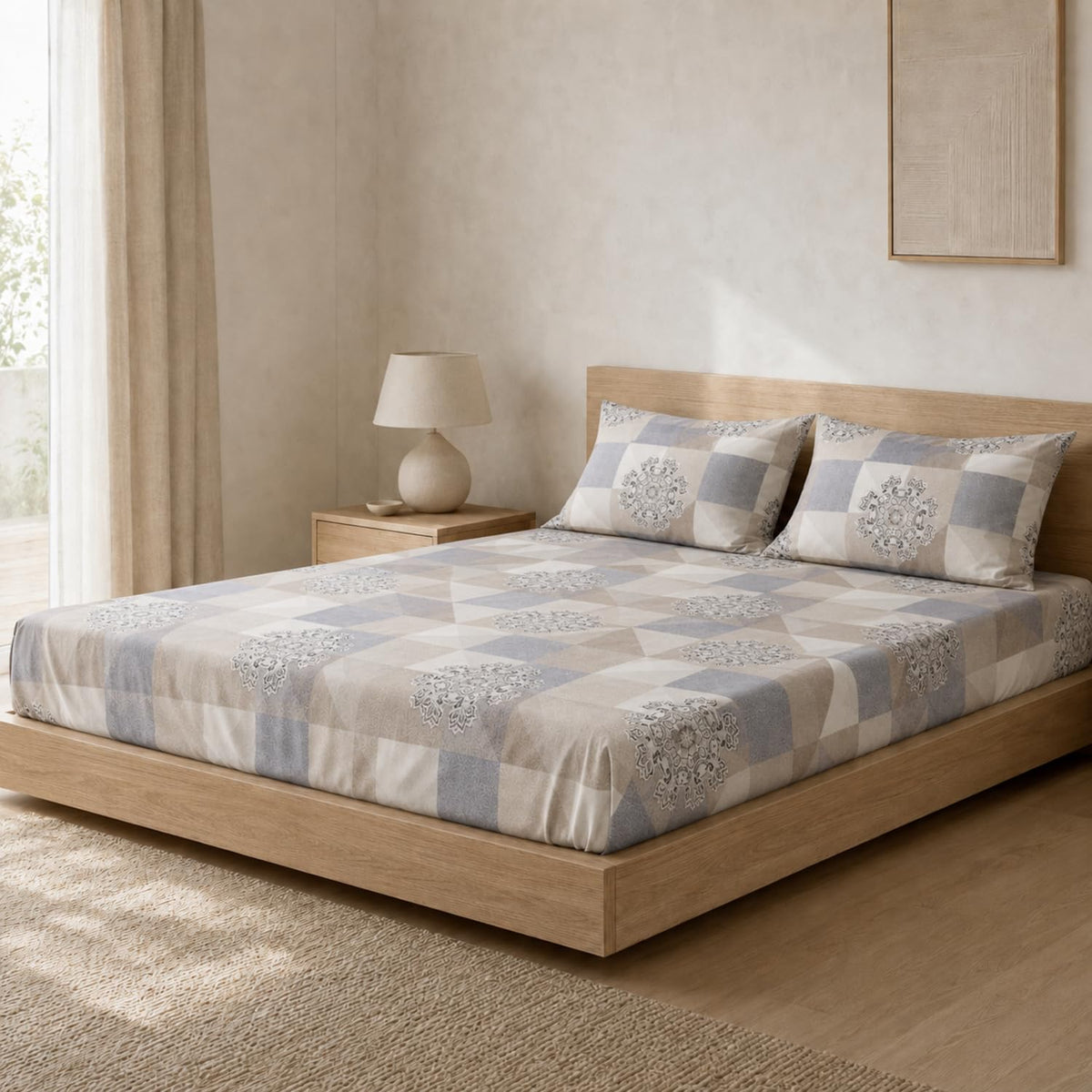 Double Bedsheet with 2 Pillow Covers 220 TC 100% Cotton Feel ( King Size Grey 90x100 inch )