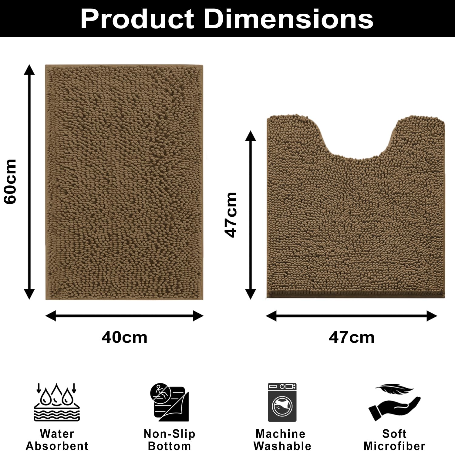 Microfibre Chenille Contour Bath Mat Set  Pack of 2 (Chocolate 40x60cm & 47x47cm)