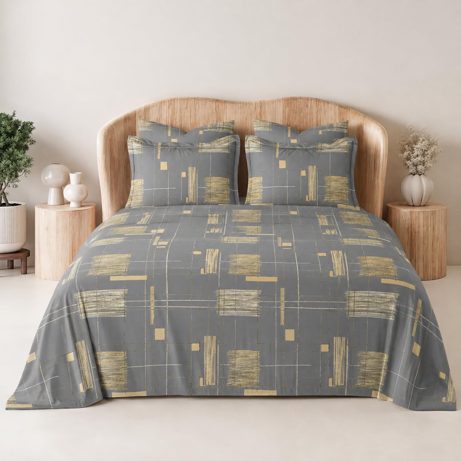 King Size Double Bedsheet with 2 Pillow Covers Premium Geometric Grid Printed 108x108 inch
