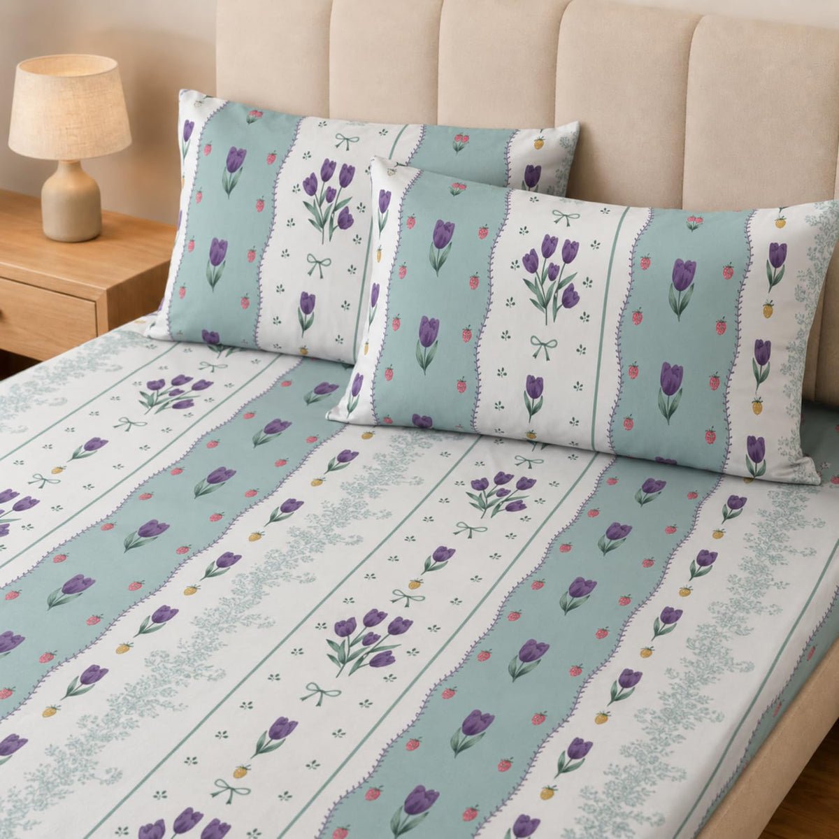 Double Bedsheet with 2 Pillow Covers 220 TC 100% Cotton Feel ( King Size Purple&Green 90x100inch )