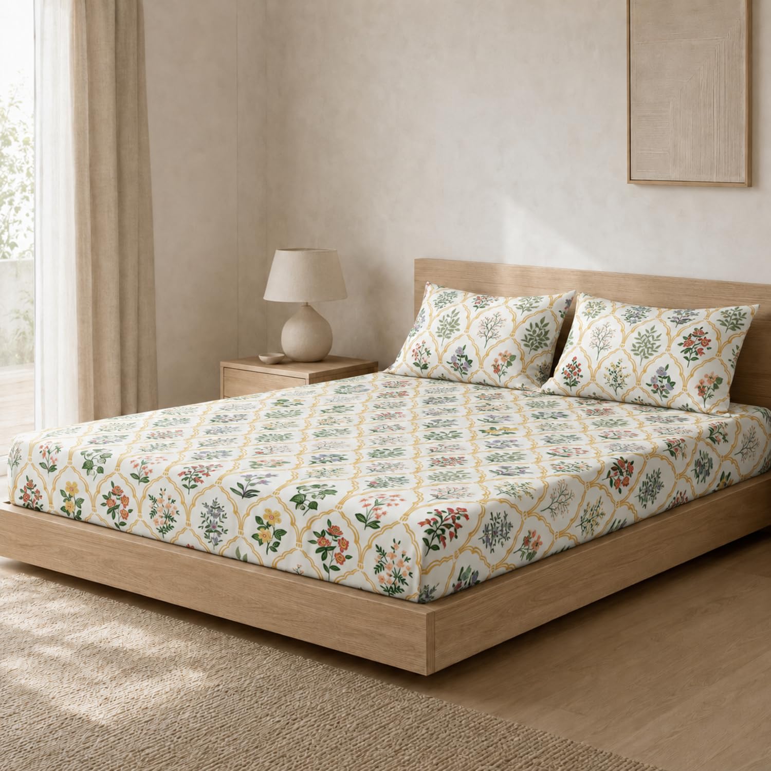 Double Bedsheet with 2 Pillow Covers 220 TC 100% Cotton Feel ( King Size Green 90 x 100 inch )