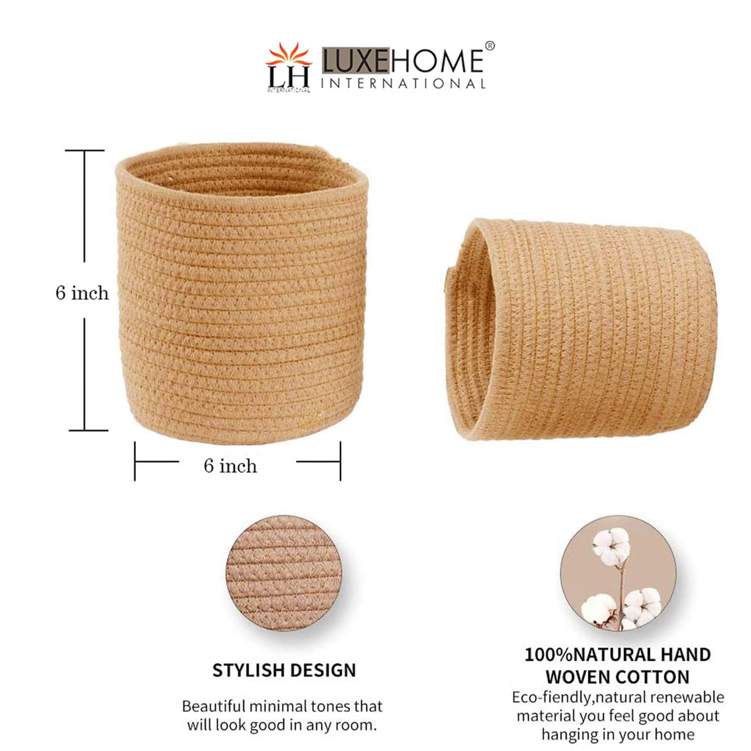 Jute Round Baskets For Storage Set of 3 (Brown, 6"X6")