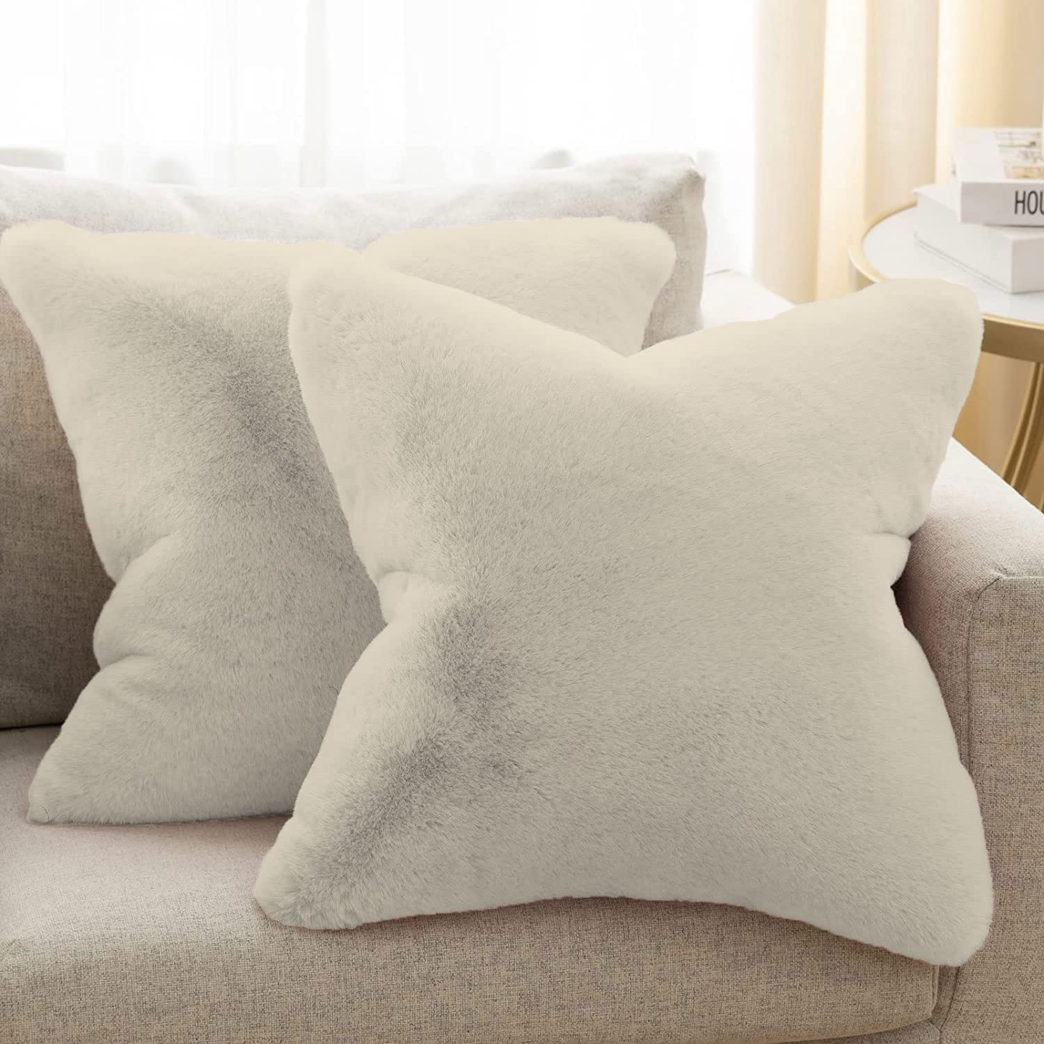 Cushion Cover One Side Rabbit Fur Pack of 2 (16 x 16 inch,Beige)