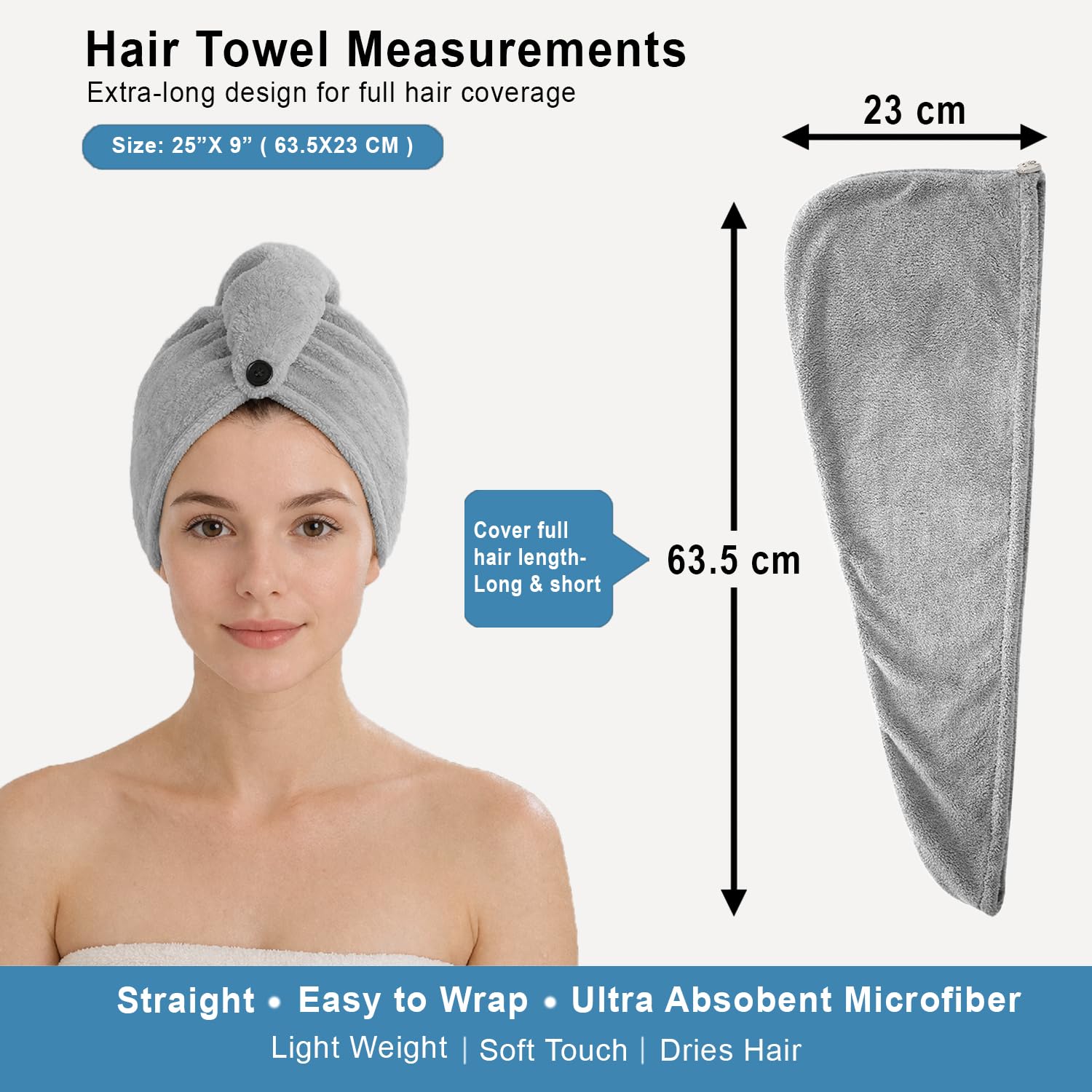 Microfibre Hair Towel Wrap for Women and Men ( 23x63.5 cm, Silver ) Pack Of 2