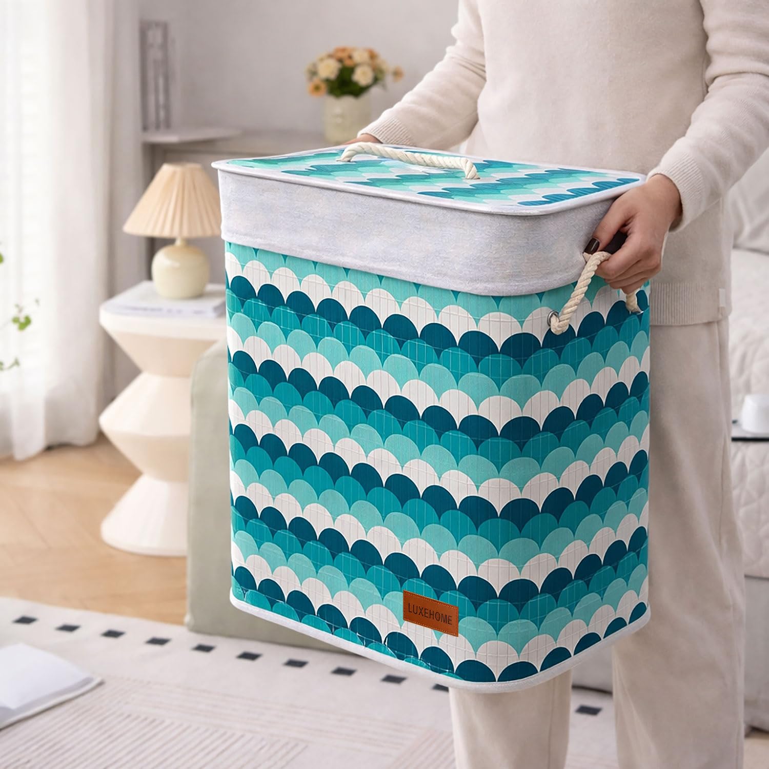 Rectangle Bamboo Laundry Basket (Blue, 40x30x50 cm)