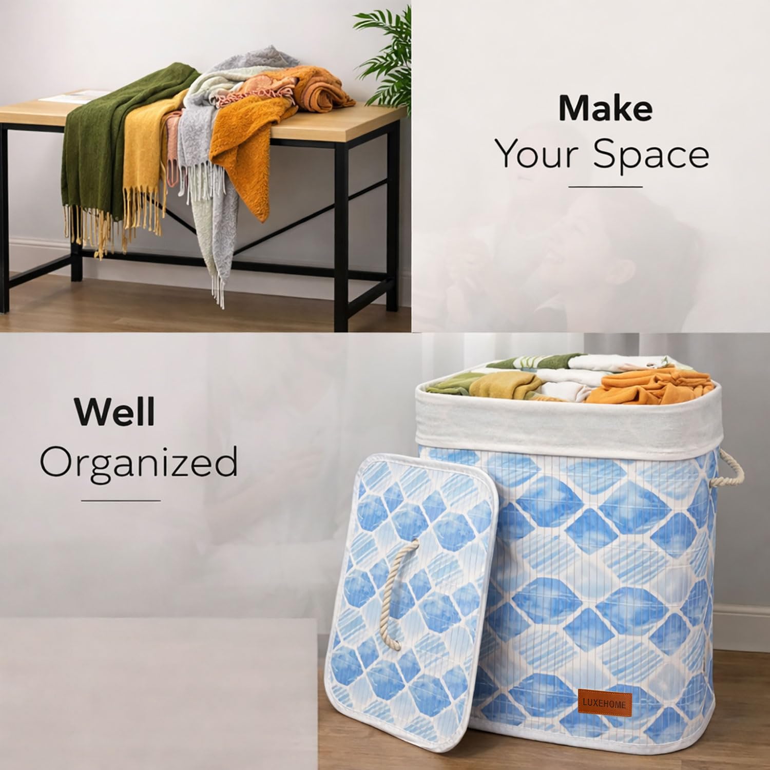 Rectangle Bamboo Laundry Basket for Clothes (Blue, 40x30x50 cm)