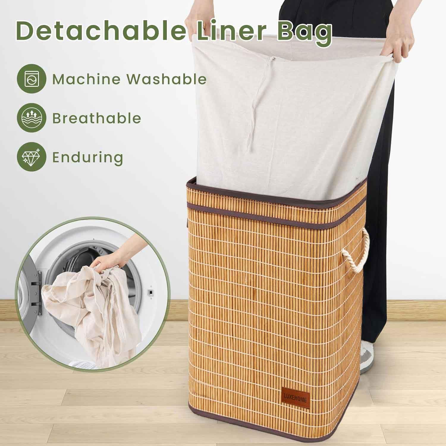 Rectangle Bamboo Laundry Basket for Clothes (Natural, 40x30x60 cm)