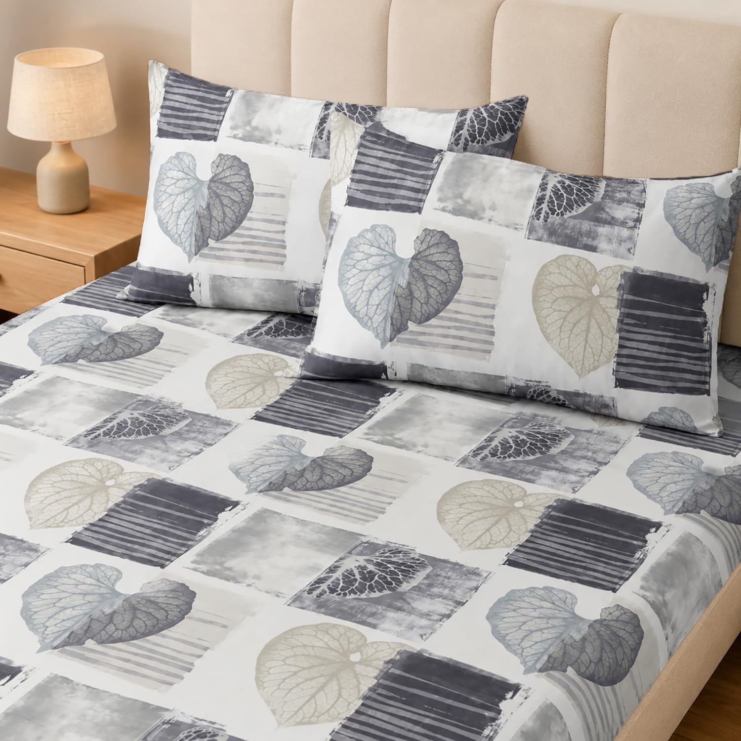 King Size Double Bedsheet with 2 Pillow Covers Premium Leaf Patchwork Printed 108x108 inch