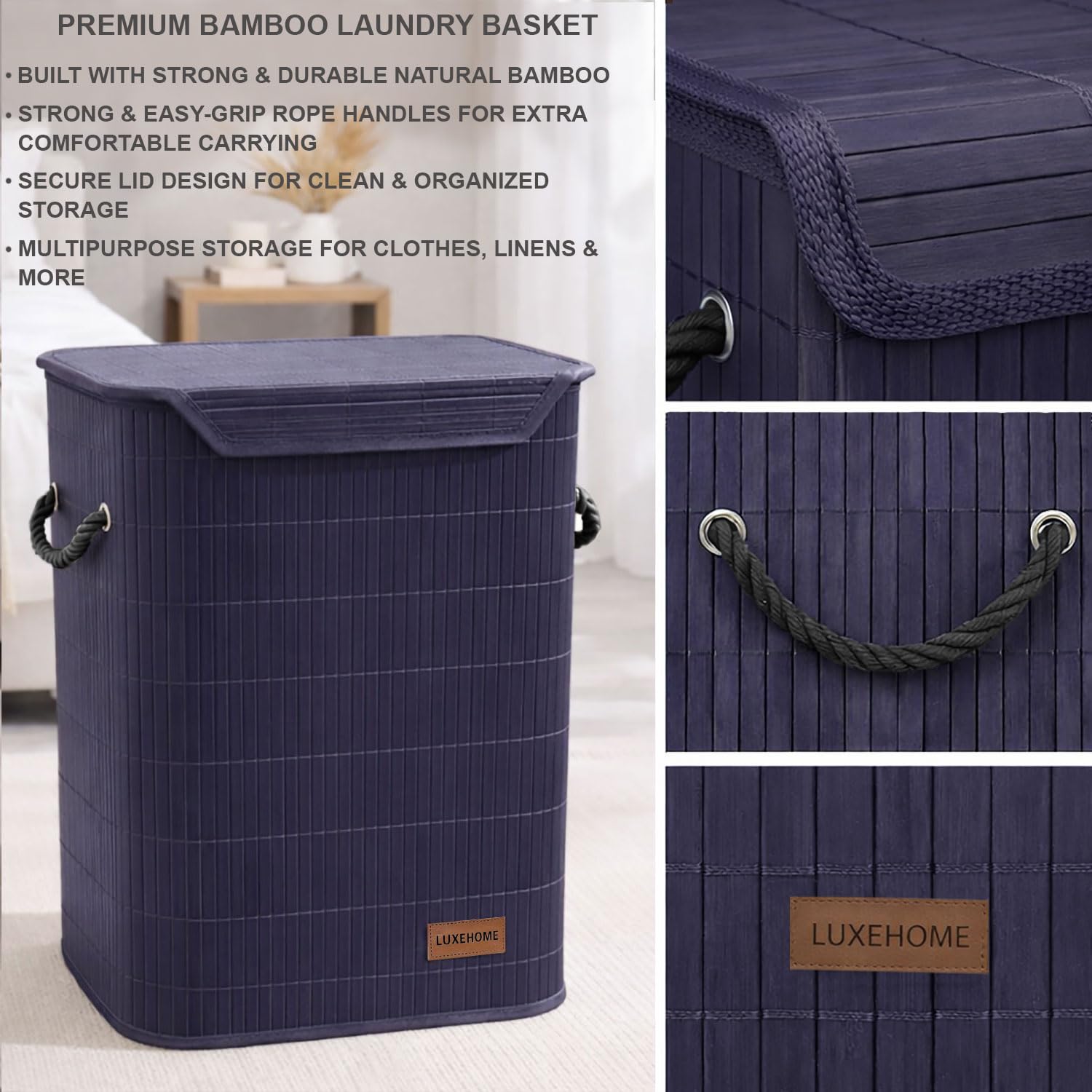 Rectangle Bamboo Laundry Basket for Clothes (Navy, 40x30x50 cm)