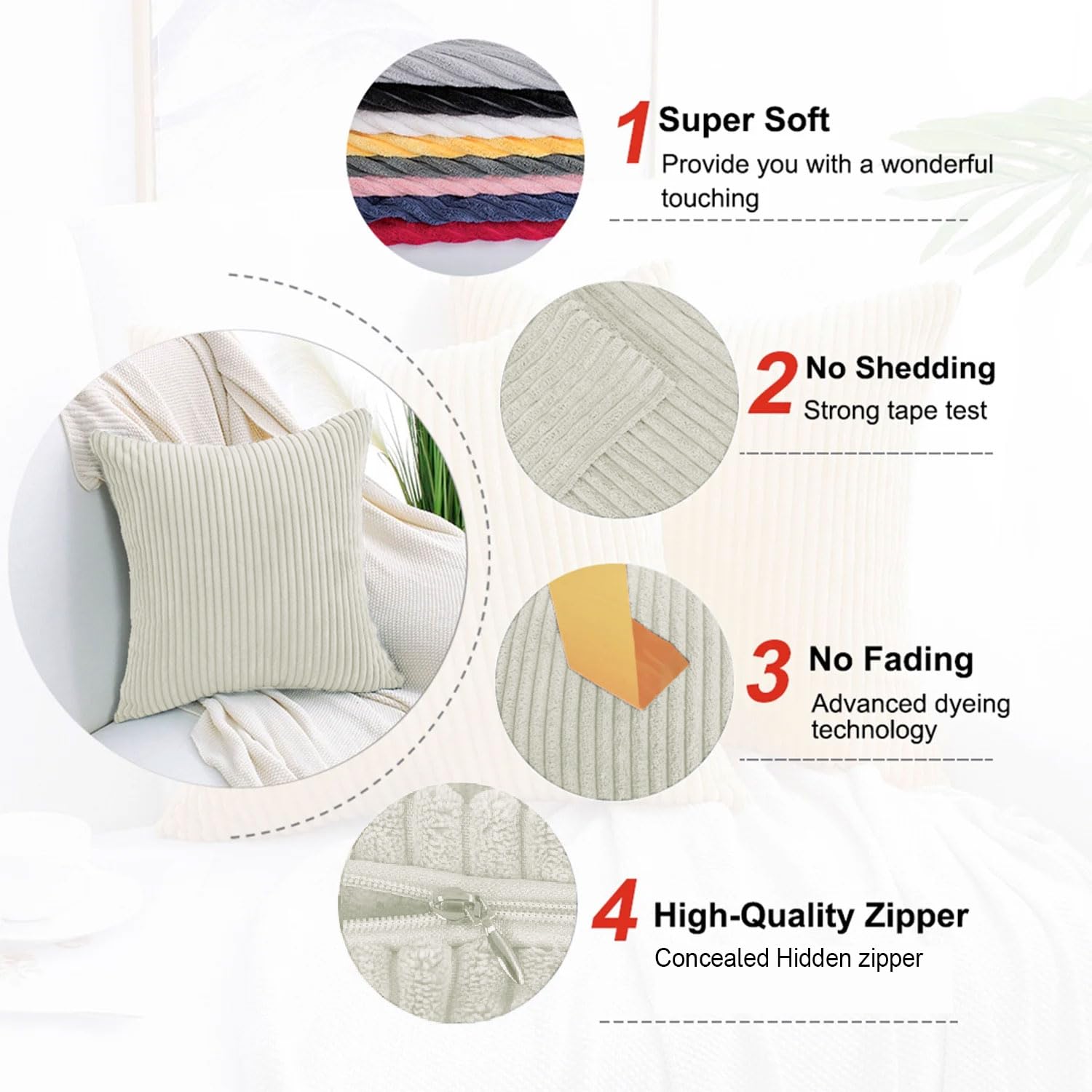 Corduroy Cushion Cover Super Soft (16x16 Inch, Cream)