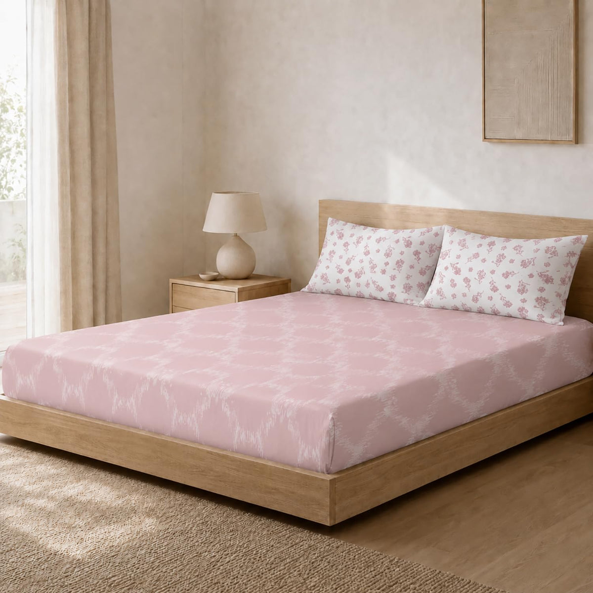 King Size Double Bedsheet with 2 Pillow Covers Premium Ikat Geometric Printed  108x108 inch
