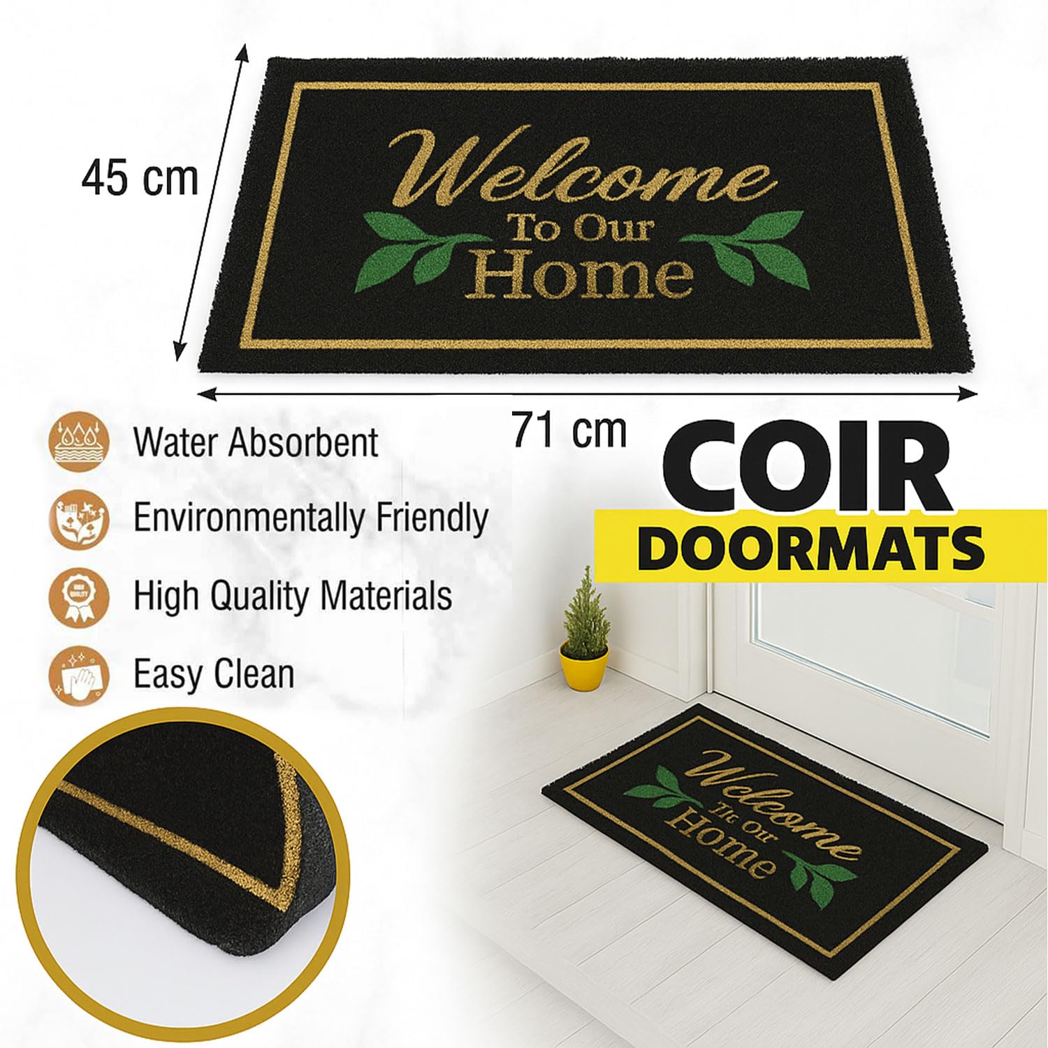 LUXE HOME INTERNATIONAL 100% Natural Coir Doormat for Home Entrance – Anti Skid with Rubber Backing Durable & Eco-Friendly Door Mat Coir Mat Indoor & Outdoor with Welcome to Our Home Print (71x45 cm)