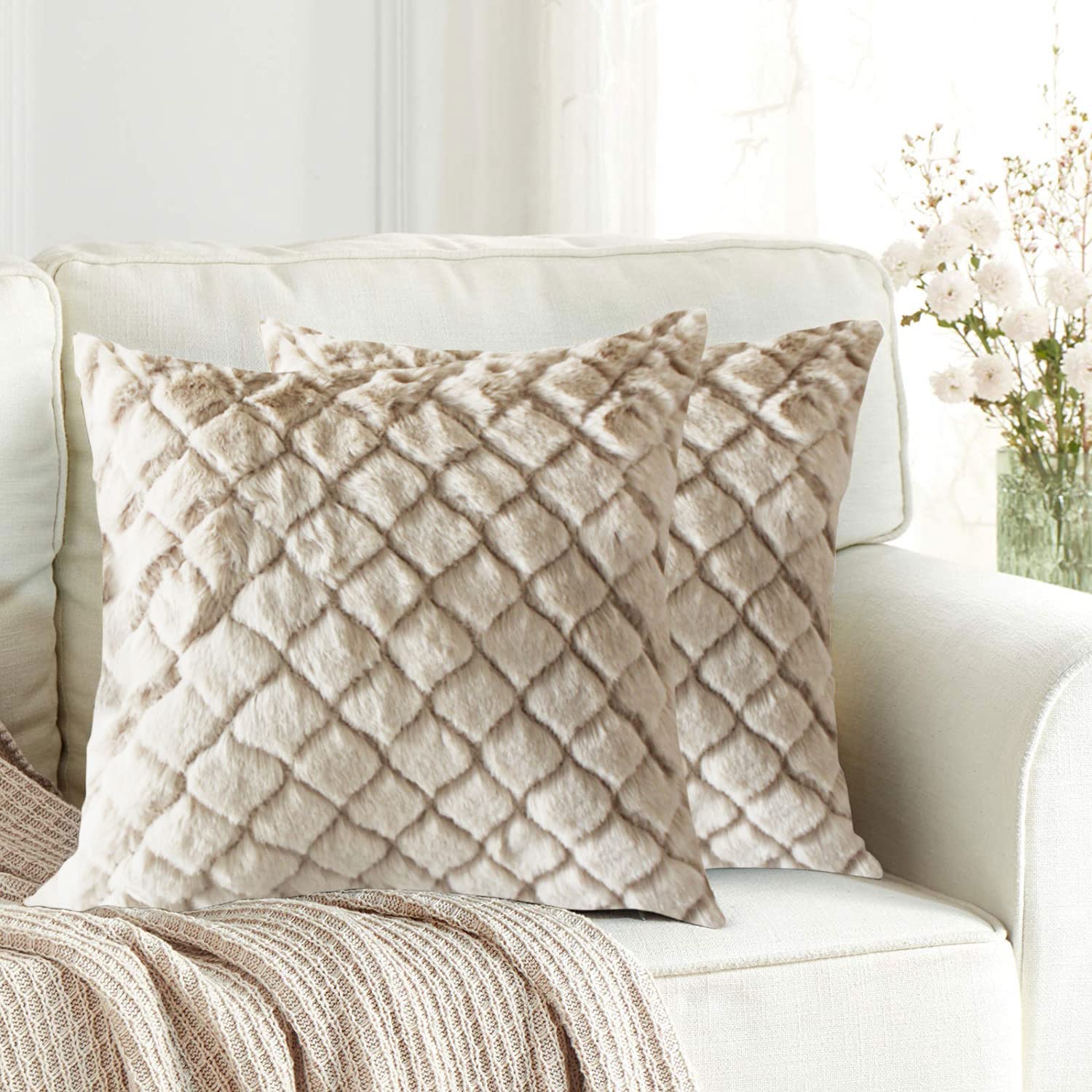 Cushion Cover Double Side Rabbit Fur Pack of 2 (16 x 16 inch ,Beige)