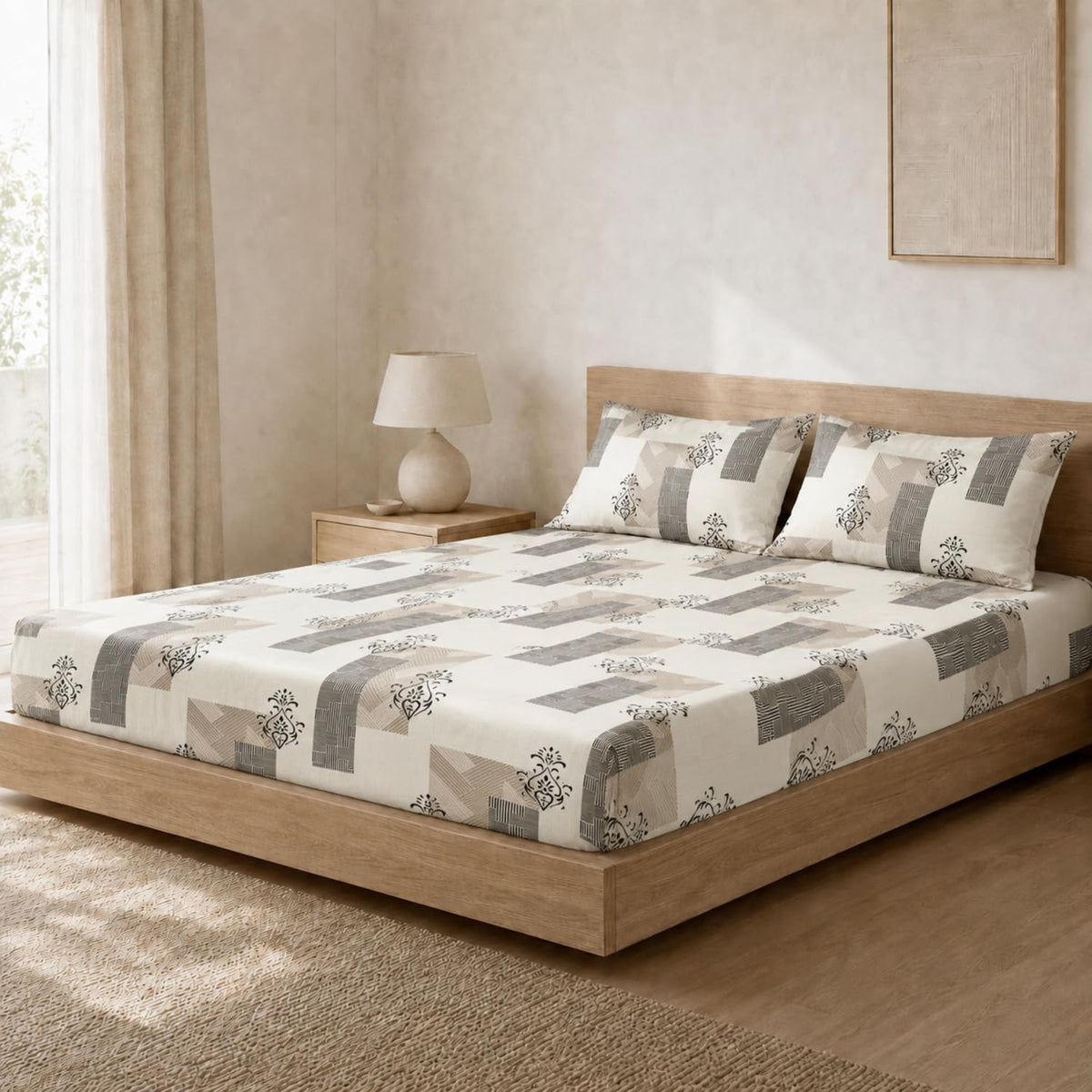 Double Bedsheet with 2 Pillow Covers King Size 220 TC 100% Cotton Feel  ( Beige 90x100 inch )