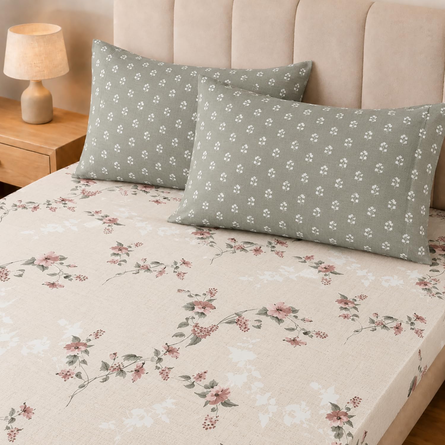 Double Bedsheet with 2 Pillow Covers 220 TC 100% Cotton Feel ( Beige 90x100 inch )