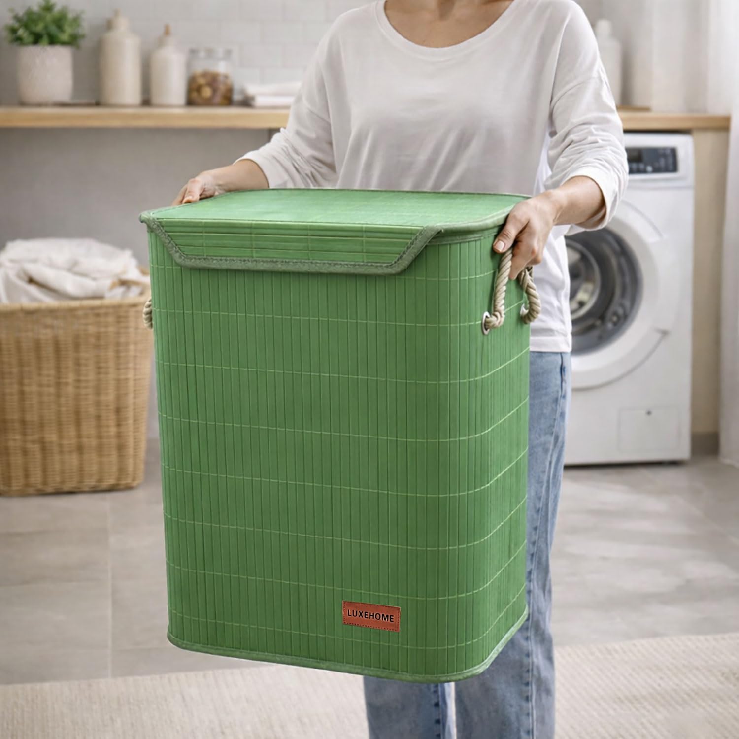 Rectangle Bamboo Laundry Basket for Clothes(Green, 40x30x50 cm)